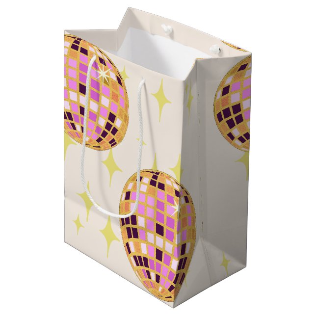 Gold Retro Disco Ball Beige Medium Gift Bag (Front Angled)