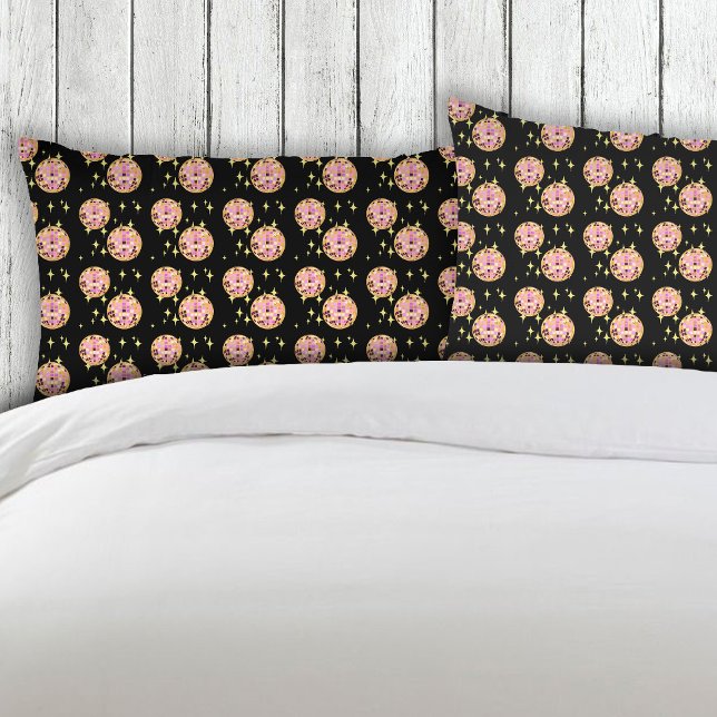 Gold Retro Disco Ball Mirrorball Black Pillowcase (Creator Uploaded)