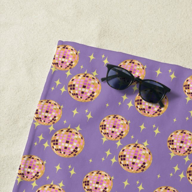 Gold Retro Disco Ball Mirrorball Purple Beach Towel (In Situ)