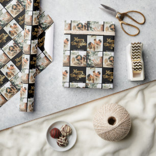Gold Retro Merry Christmas Family 3 Photo Collage Wrapping Paper
