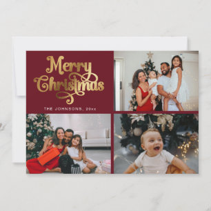 Gold Retro Merry Christmas Family Photo Collage Holiday Card