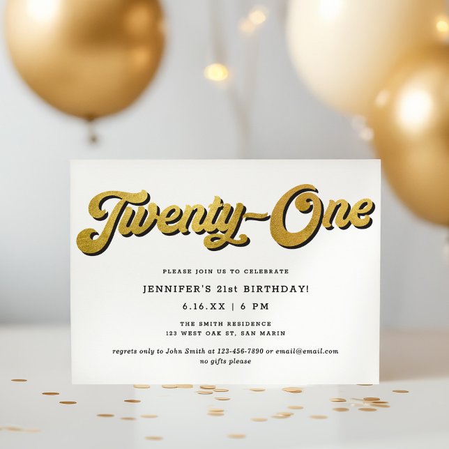 Gold Retro Script Black White 21st Birthday Party Invitation (Creator Uploaded)