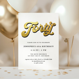 Gold Retro Script Black White 40th Birthday Party Invitation