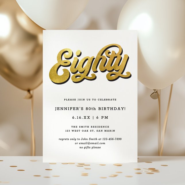 Gold Retro Script Black White 80th Birthday Party Invitation (Creator Uploaded)