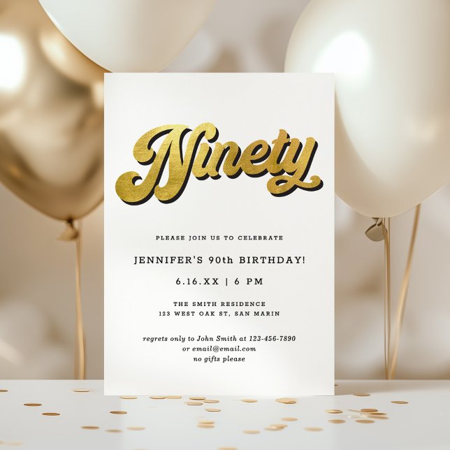 Gold Retro Script Black White 90th Birthday Party Invitation (Creator Uploaded)
