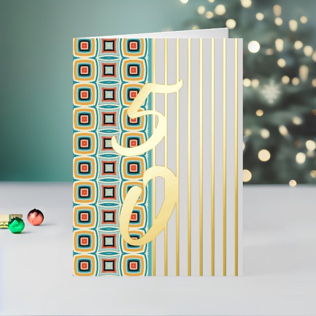 Gold retro squares stripes Pattern Foil Holiday Card (Holiday In Situ 2)