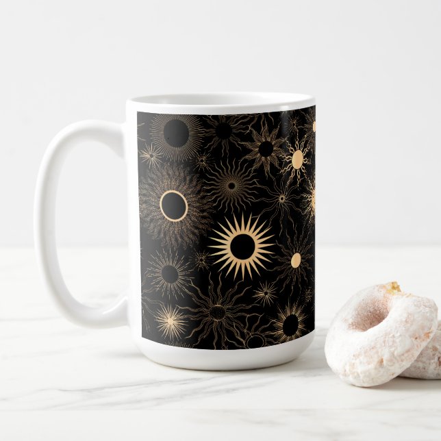Gold retro stylized sun spokes rays coffee mug (With Donut)