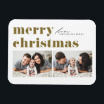 Gold Retro Typography Merry Christmas Two Photo Magnet<br><div class="desc">Celebrate the holiday spirit with our customizable photo Christmas magnet! Perfect for capturing your favourite festive moments, this magnet allows you to create a unique keepsake that showcases your family’s joy and love during the holiday season. It features retro bold typography. Personalize by adding your details. This customizable magnet makes...</div>