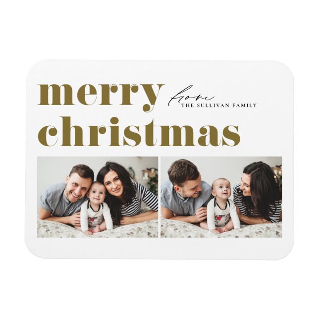 Gold Retro Typography Merry Christmas Two Photo Magnet (Horizontal)