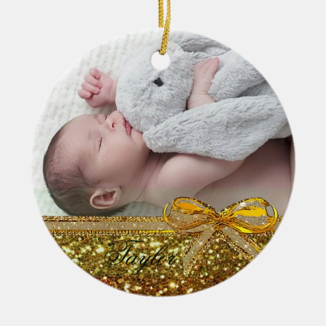 Gold Ribbon & Bow Baby Photo Ornament Keepsake (Front)