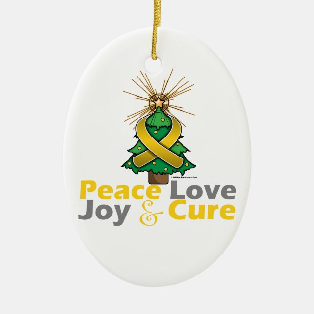 Gold Ribbon Christmas Peace Love, Joy & Cure Ceramic Ornament (Front)
