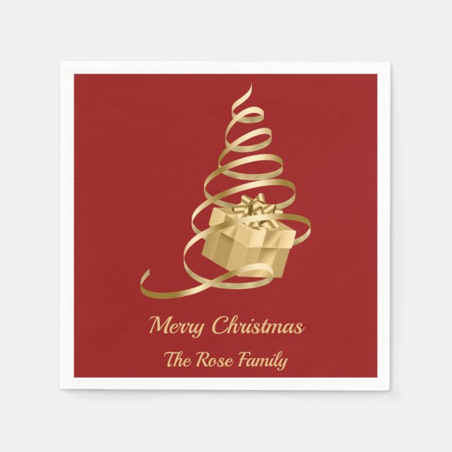 Gold Ribbon Christmas Tree Present Napkin (Front)