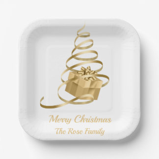 Gold Ribbon Christmas Tree Present Paper Plate
