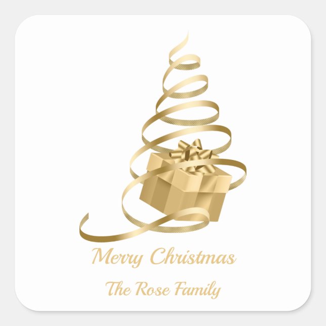 Gold Ribbon Christmas Tree Present Sticker (Front)