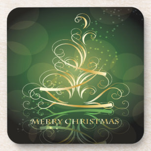 Gold Ribbon Christmas Tree Set of Cork Coasters