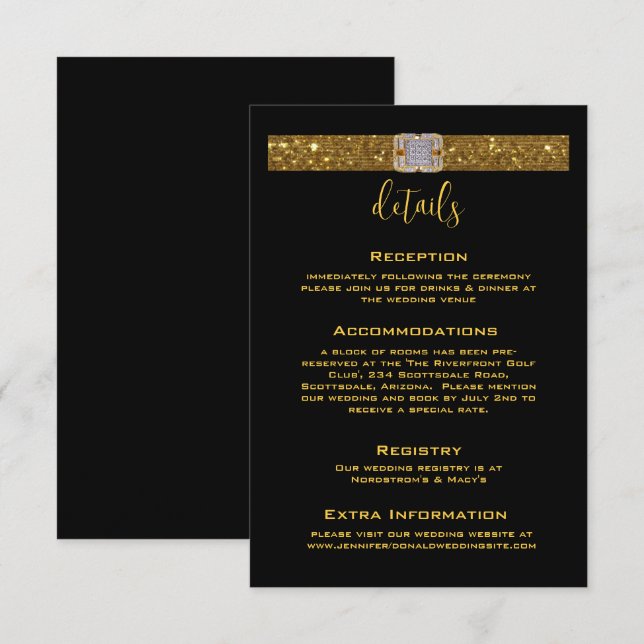 Gold Ribbon Diamond Brooch Wedding  Enclosure Card (Front/Back)