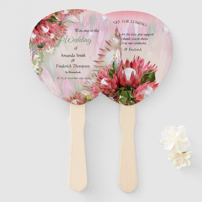 Gold ribbon & Fuchsia Protea bouquets Hand Fan (Front and Back)
