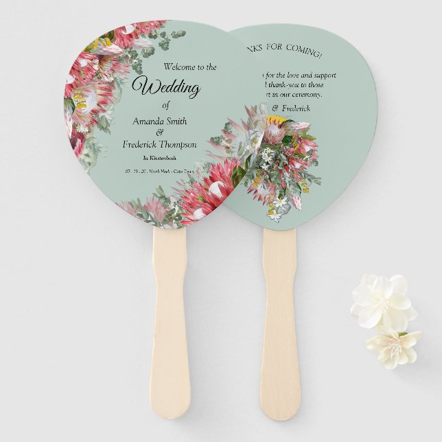 Gold ribbon & Fuchsia Protea bouquets Hand Fan (Front and Back)
