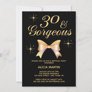 Gold Ribbon Girl 30 & Gorgeous Black 30th Birthday Invitation