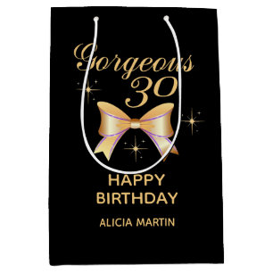 Gold Ribbon Girl Gorgeous 30 Black Happy Birthday Medium Gift Bag