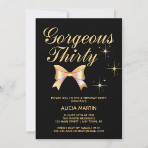 Gold Ribbon Girl Gorgeous Thirty Black Birthday Invitation