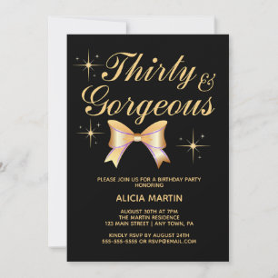 Gold Ribbon Girl Thirty & Gorgeous Black Birthday Invitation