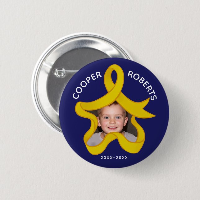 Gold ribbon memory photo star name date button (Front & Back)