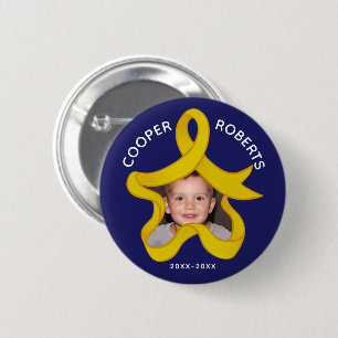 Gold ribbon memory photo star name date button