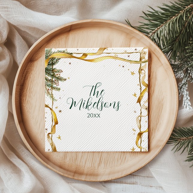 Gold Ribbon Rustic Christmas Party Napkin (Creator Uploaded)
