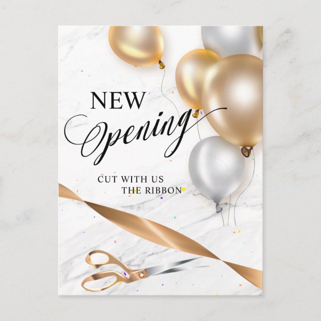 Gold Ribbon Silver Balloons Scissors New Opening Invitation Postcard (Front)