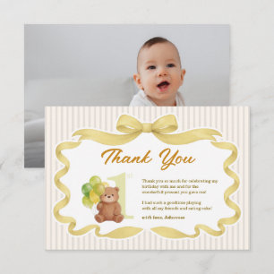 Gold Ribbon Strip Beary First Birthday Photo Thank You Card