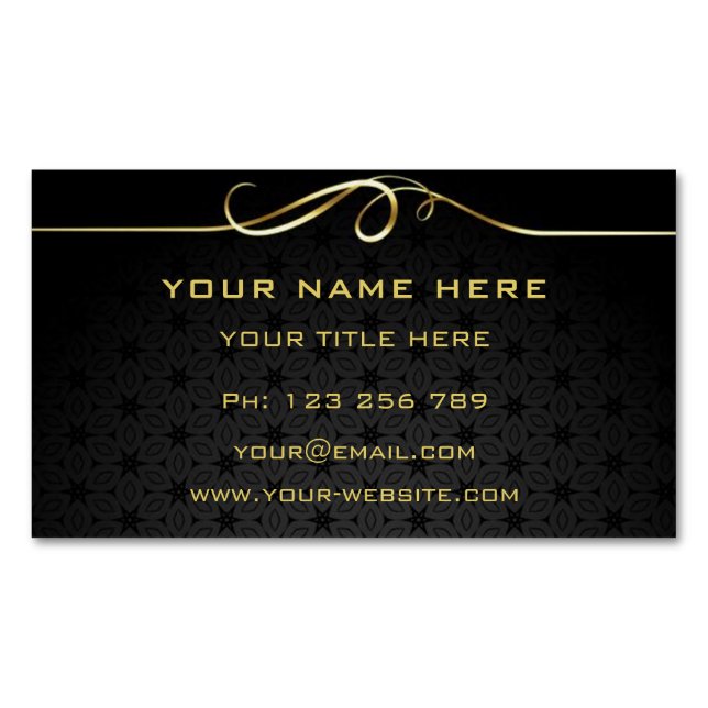 Gold Ribbon Text Black Business Card Magnet (Front)