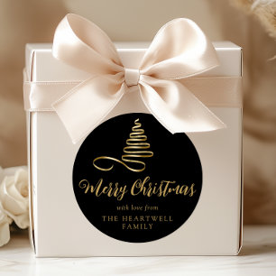 Gold Ribbon Tree Merry Christmas Script Black Classic Round Sticker