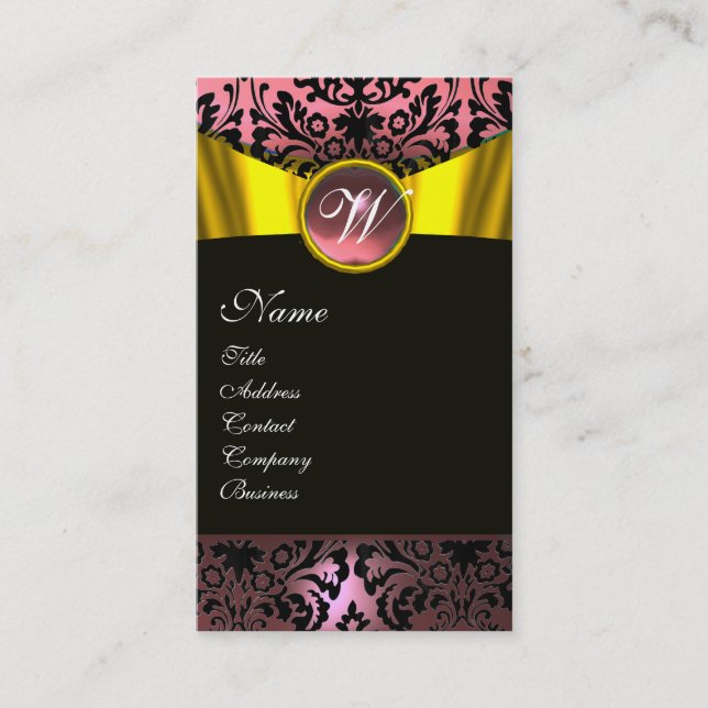 GOLD RIBBON YELLOW BLACK PINK  DAMASK MONOGRAM BUSINESS CARD (Front)
