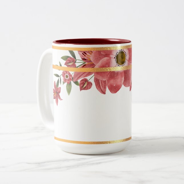 Gold Rimmed Floral  Two-Tone Coffee Mug (Front Left)