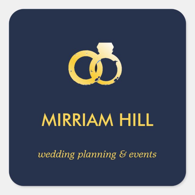 Gold rings dark blue wedding planner square sticker (Front)