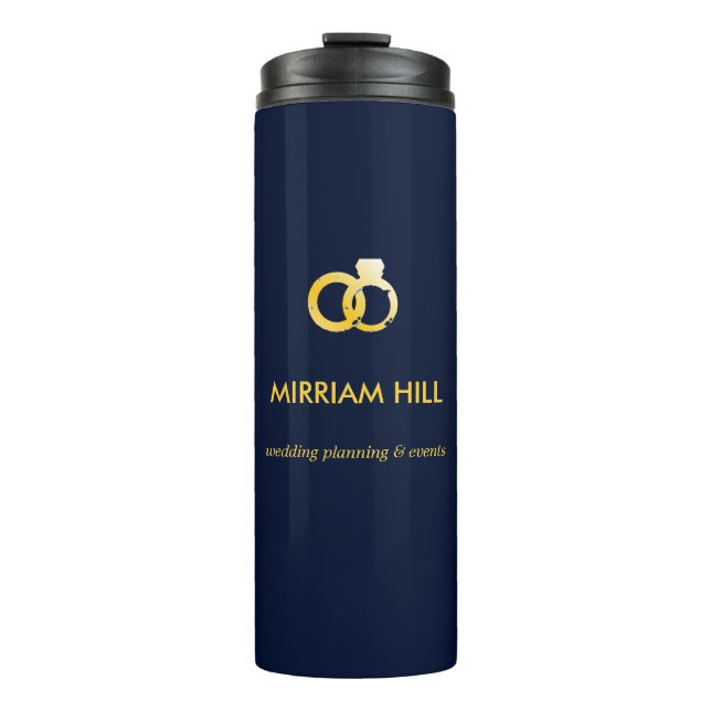 Gold rings dark blue wedding planner thermal tumbler (Front)