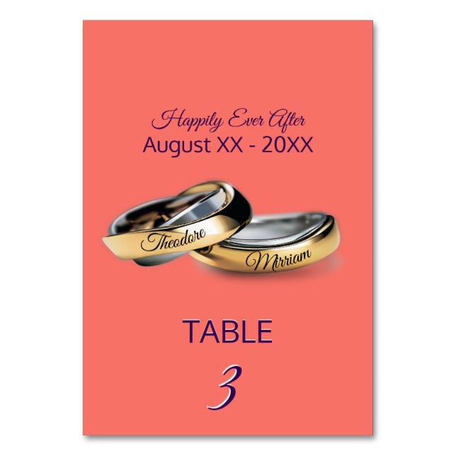 Gold Rings Monogram Coral Table Number (Front)