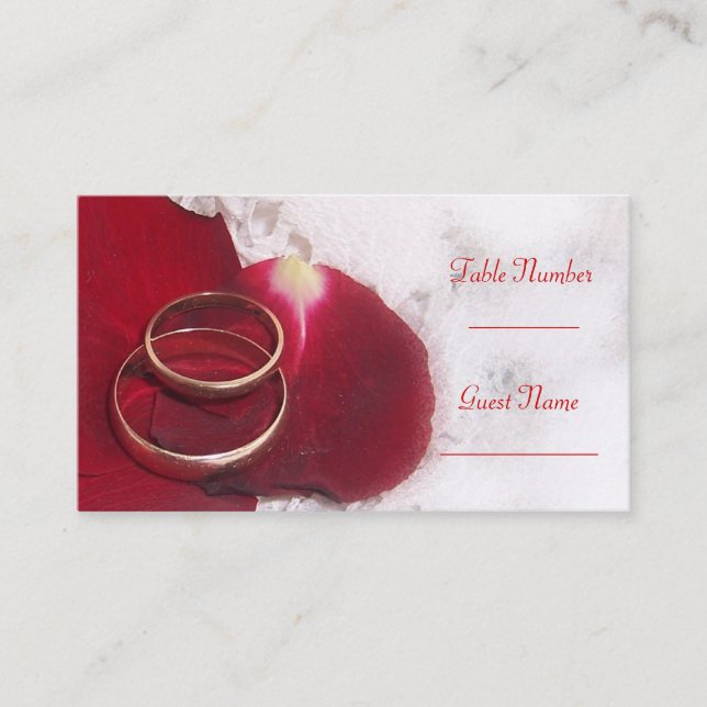 Gold Rings Rose Petals Wedding Place Setting Card (Front)