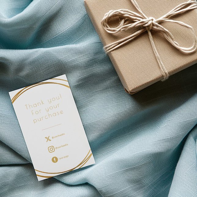 Gold rings white insert Card for customer orders. (White "thank you for your purchase" insert card with gold rings and social media icons)