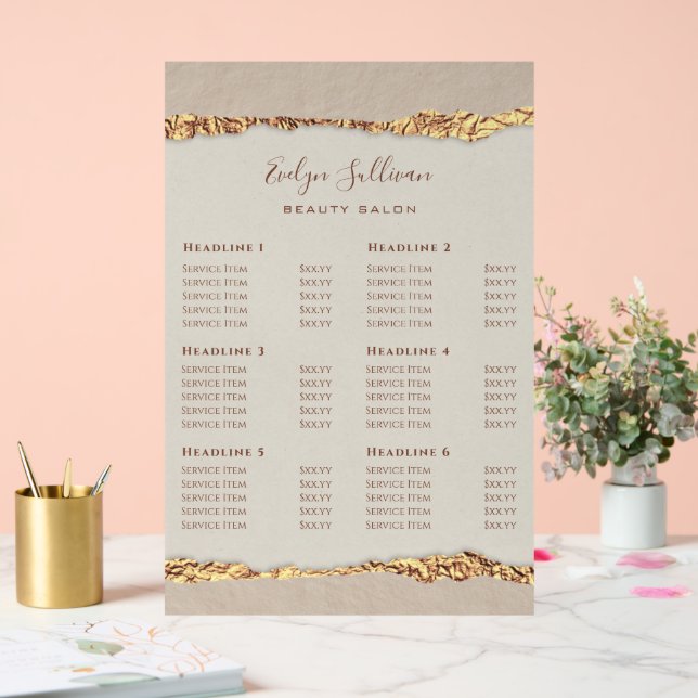 Gold Ripped Paper Price List Acrylic Sign (Wedding)