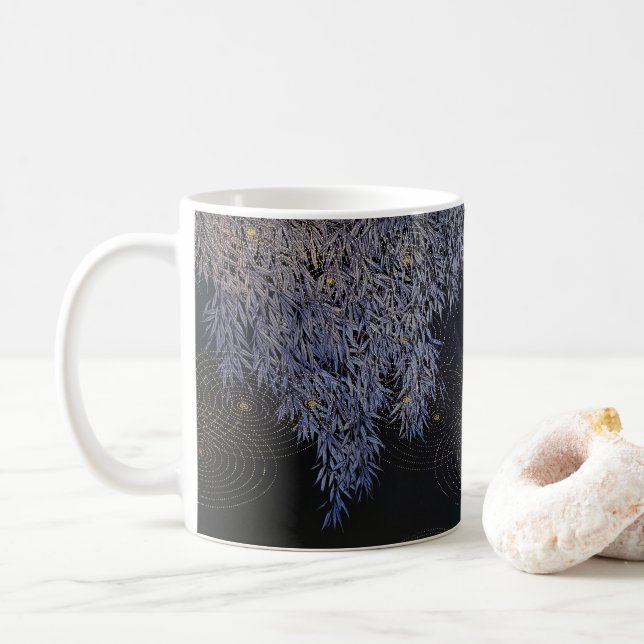 Gold Ripples Blue hued Leafs Intricately Breakfast Coffee Mug (With Donut)