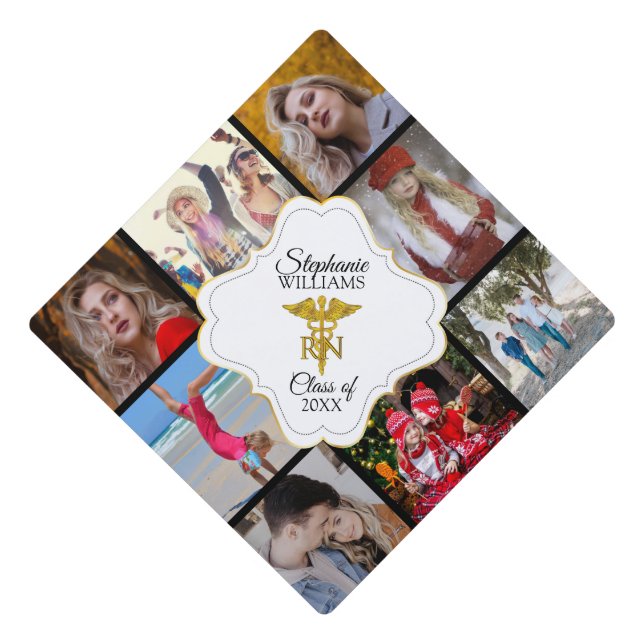 Gold RN Graduation 8 Photo Name | Year Graduation Cap Topper (Front)