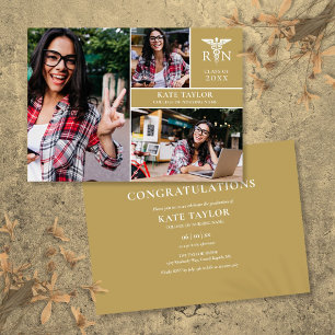 Gold RN Nursing 3 Photo Graduation Party Invitation