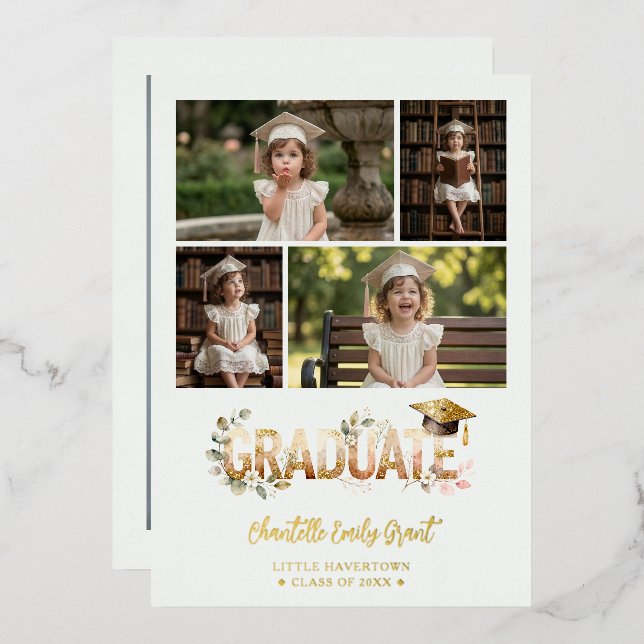 Gold Romantic Botanical Pre-K Graduation 5-Photo (Front/Back)