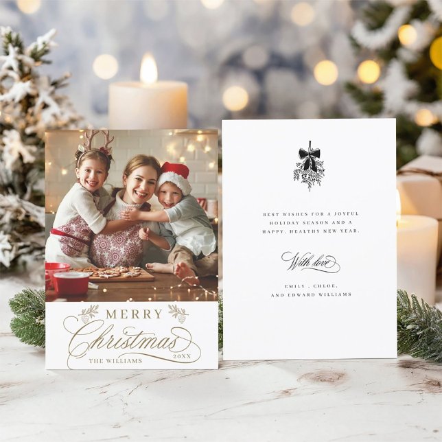 Gold Romantic Calligraphy Christmas Photo Flat Holiday Card (Front & Back)