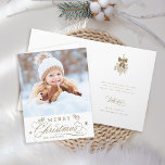 Gold Romantic Calligraphy Christmas Photo Folded Holiday Card<br><div class="desc">EDITABLE BACKGOUND, IMAGE, AND TEXT COLOR | This Christmas photo folded card features elegant and romantic swirly calligraphy lettering, accented with pinecone twigs. It also includes a winter berry holly bouquet and a customizable text message inside. For more advanced customization of this design, please click the BLUE DESIGN TOOL BUTTON...</div>