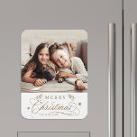 Gold Romantic Calligraphy Merry Christmas Photo Magnet<br><div class="desc">Romantic and elegant holiday photo kitchen magnet.  For more advanced customization of this design,  please click the Customize Further link to change the font,  size,  colour,   etc.</div>