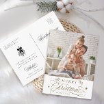 Gold Romantic Calligraphy Merry Christmas Photo Postcard<br><div class="desc">This Christmas photo postcard featuring elegant and romantic swirly calligraphy lettering with pinecone twigs,  stars and custom text message on the back. For more advanced customization of this design,  please click the BLUE DESIGN TOOL BUTTON above!</div>