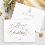 Gold Romantic Merry Christmas Script Flat Holiday Card<br><div class="desc">This simple Christmas flat card features elegant and romantic swirly calligraphy lettering with a winter holly berry bouquet and custom text on the back. For more advanced customization of this design,  please click the BLUE DESIGN TOOL BUTTON above!</div>